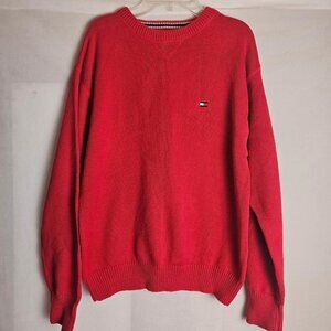 Share TOMMY HILFIGER Logo Red Crew Neck Pullover Vintage Sweater Mens Sz XL